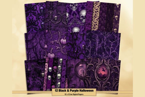 Black & Purple Halloween Digital Papers: Gothic Craft Assets